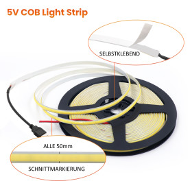 Flexible COB LED Streifen, 5V, 320LEDs, selbstklebend, teilbar, 1m Grün
